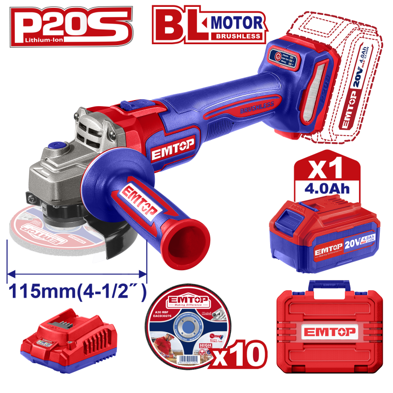 Polizor unghiular cu 1 acumulator 4.0Ah, motor fara perii (brushless), 115mm, 10 discuri incluse - ELAG211541, EMTOP