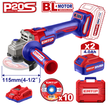 Polizor unghiular cu 2 acumulatori 4.0Ah, motor fara perii (brushless), 115mm, 10 discuri incluse - ELAG211542, EMTOP