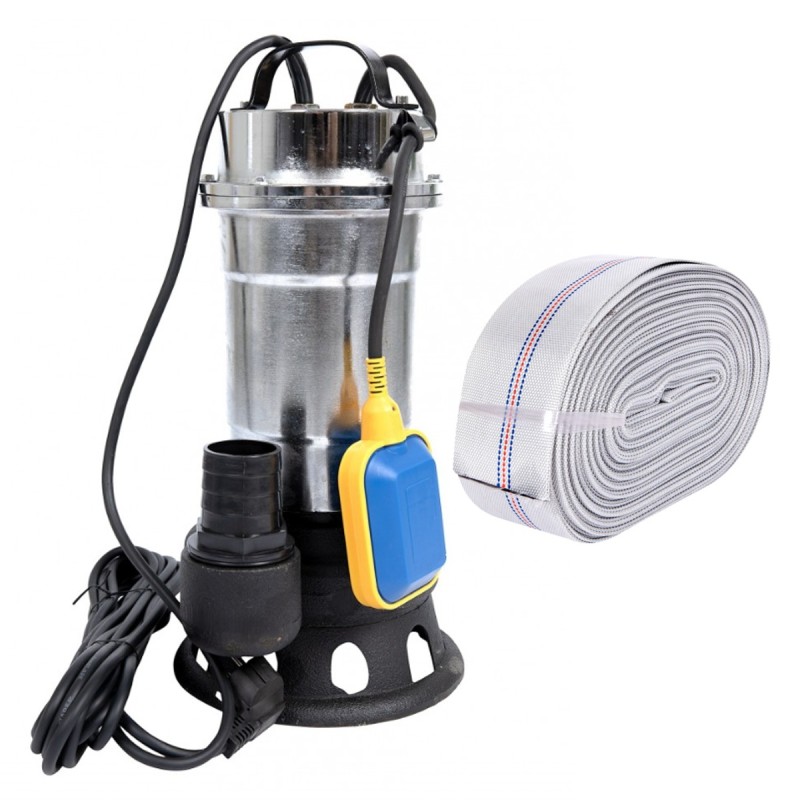 Pompa pentru apa murdara cu plutitor fara tocator, DDT, Inox, SWP2550F, 2550 W, 25 mc h+ Furtun pompier, 20 metri, 2 toli,