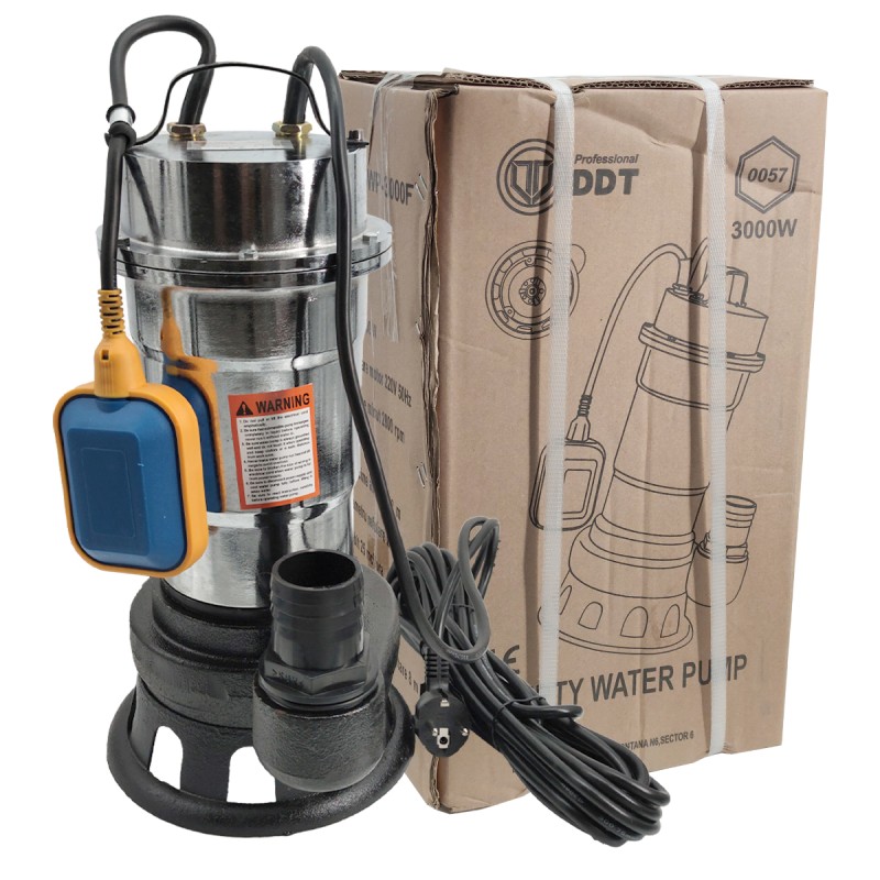 Pompa pentru apa murdara DDT , cu plutitor si tocator , 3000 W , Adancime evacuare maxim 8 Metri, corp inox+ Furtun pompier, 20 metri, 2 toli,