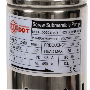 Pompa submersibila DDT 3QGD80-0.75, 750 W, 2 mc h, diametru 75 mm