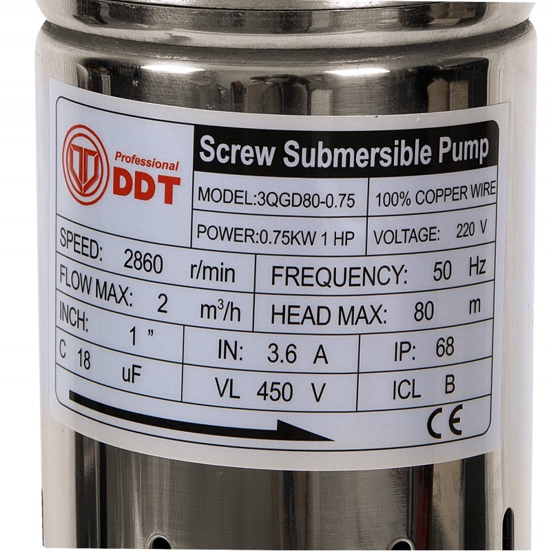 Pompa submersibila DDT 3QGD80-0.75, 750 W, 2 mc h, diametru 75 mm