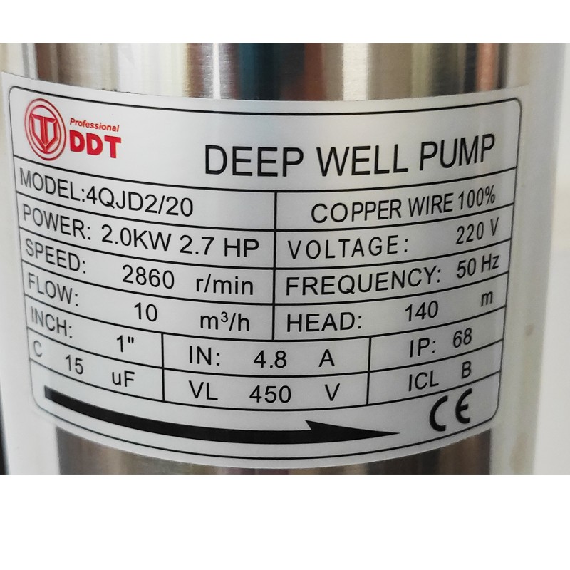 Pompa submersibila de apa curata, de mare adancime,DDT-PROFESSIONAL, 4QJD2-20 , 2000 W , 20 turbine, 10 m  ³ h , bobinaj cupru 100%