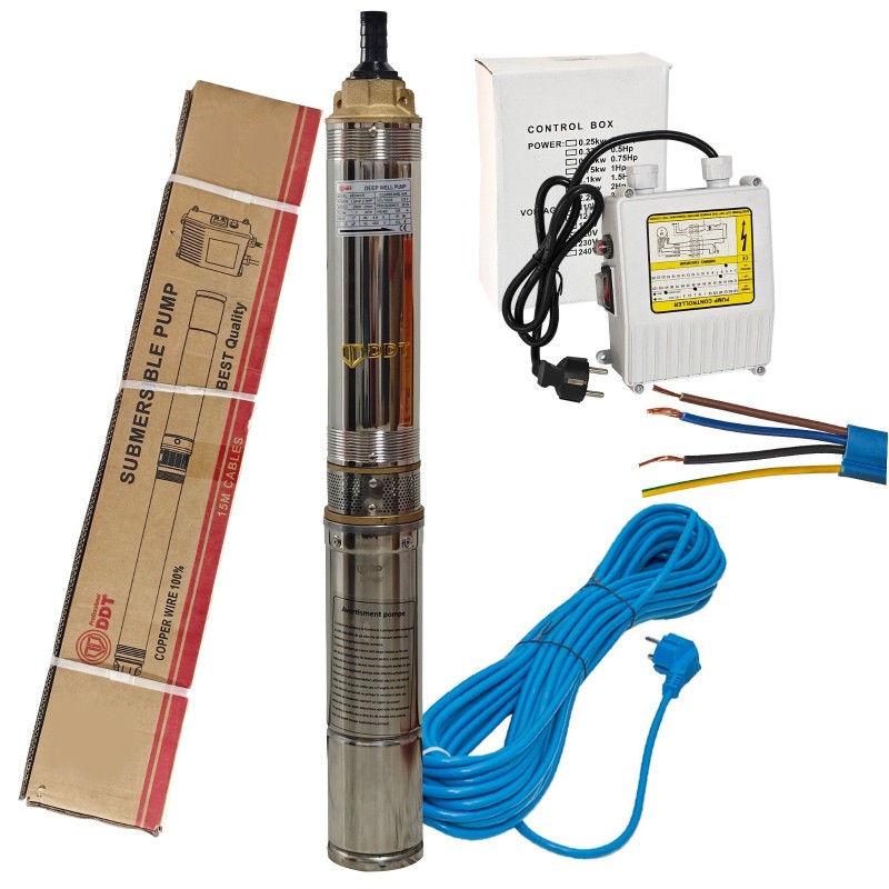 Pompa submersibila multietajata de mare adancime DDT, 4SDM2 8 DDT-0077, 1500 W, apa curata, carcasa inox-fonta,debit maxim 7000 L h, inaltime maxim 120m, diametru pompa 100 mm, panou comanda, 15m cabl