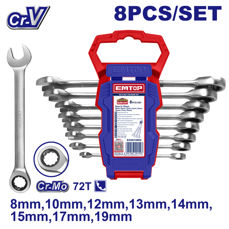 Set 8 chei cu clichet 8-19mm - ECSS10802, EMTOP