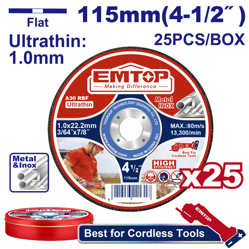 Set de 25 discuri ultrasubtiri de taiat metal, 115mm - EACD11011525, EMTOP