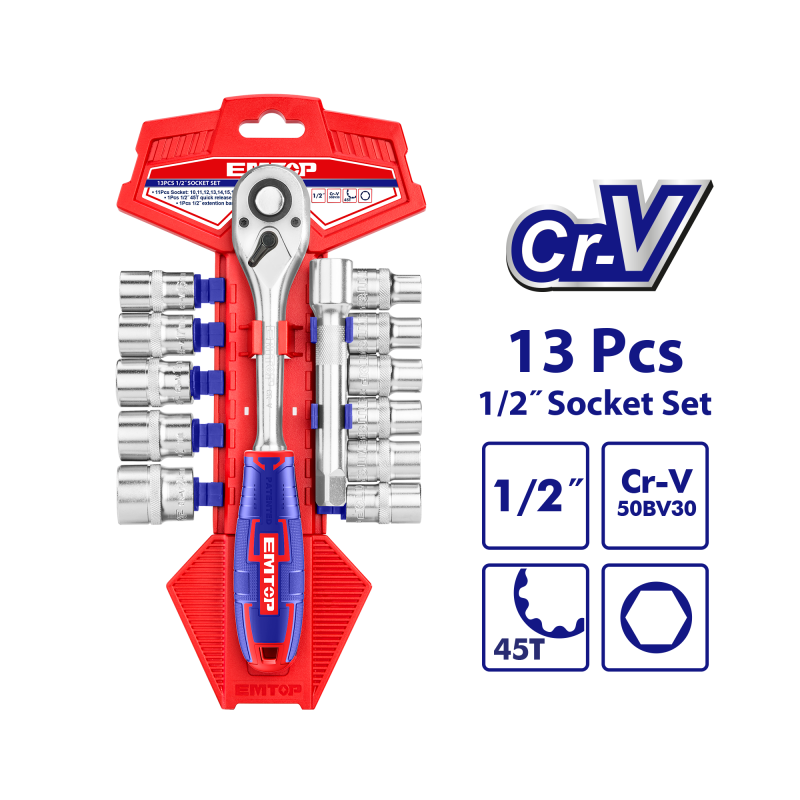 Set tubulare cu clichet 1 2,  ³ 13 buc - ESKT12131, EMTOP