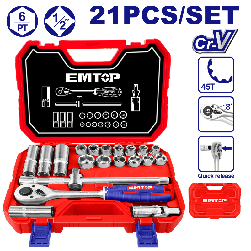Set tubulare cu clichet  1 2  , 21 componente, cutie de transport - ESKT12211, EMTOP