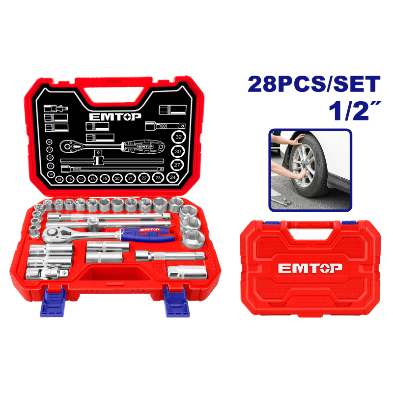 Set tubulare cu clichet 1 2,  ³ 28 buc, cutie de transport - ESKT12281, EMTOP