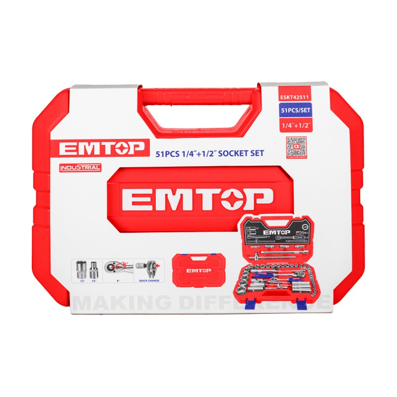 Trusa de scule si accesorii 1 4,  ³ + 1 2,  ³, 51 componente, cutie de transport - ESKT42511, EMTOP