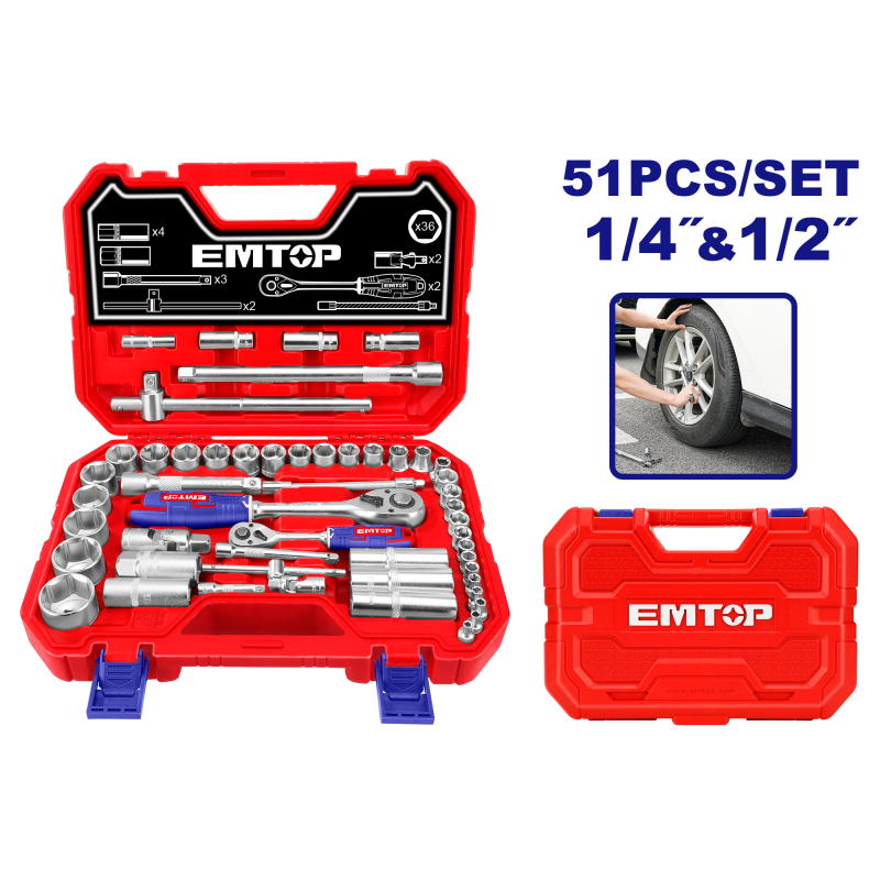Trusa de scule si accesorii 1 4,  ³ + 1 2,  ³, 51 componente, cutie de transport - ESKT42511, EMTOP