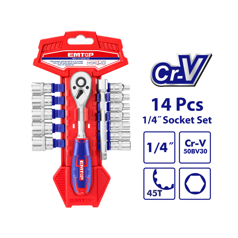Set tubulare cu clichet 1 4   14 buc - ESKT14141, EMTOP