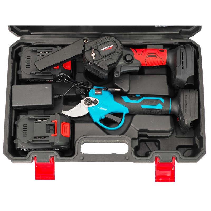 Set foarfeca  Mini drujba cu 2 acumulatori DDT-CRISTAL, incarcator, accesorii incluse, 24 V, 2 Ah