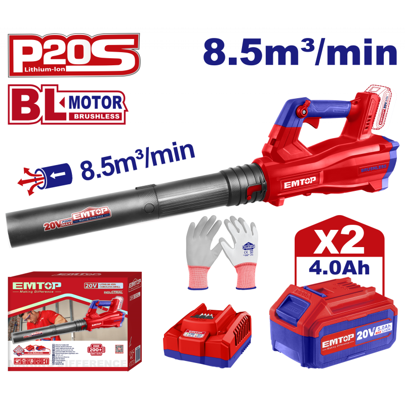 Suflanta cu 2 acumulatori 4.0Ah, motor fara perii (brushless), 8.5m3 min - ELAB204282, EMTOP