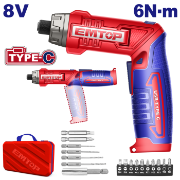 Surubelnita cu incarcare prin cablu USB, 8V, 6Nm, maner reglabil, 17 accesorii, geanta inclusa - ECSR0803, EMTOP
