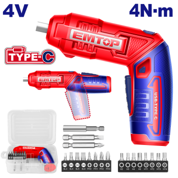 Surubelnita cu incarcare prin cablu USB C, 4V, 4Nm, maner reglabil, 18 accesorii, cutie de plastic - ECSR0408, EMTOP