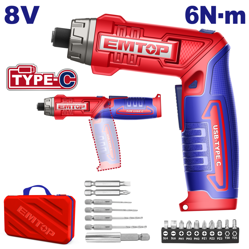 Surubelnita cu incarcare prin cablu USB, 8V, 6Nm, maner reglabil, 17 accesorii, geanta inclusa - ECSR0803, EMTOP