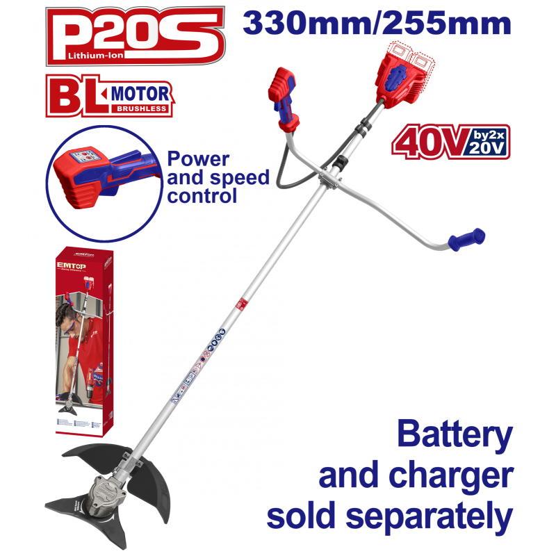 Motocoasa Trimmer fara acumulator si incarcator, motor fara perii (brushless), 330 255mm - ELMR20018, EMTOP