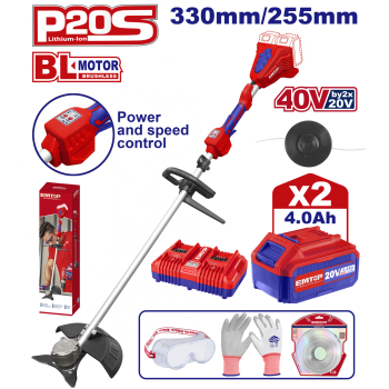 Motocoasa electrica Trimmer cu fir cu 2 acumulatori 4.0Ah, motor fara perii (brushless), 330mm 255mm, accesorii incluse - ELMR200285, EMTOP
