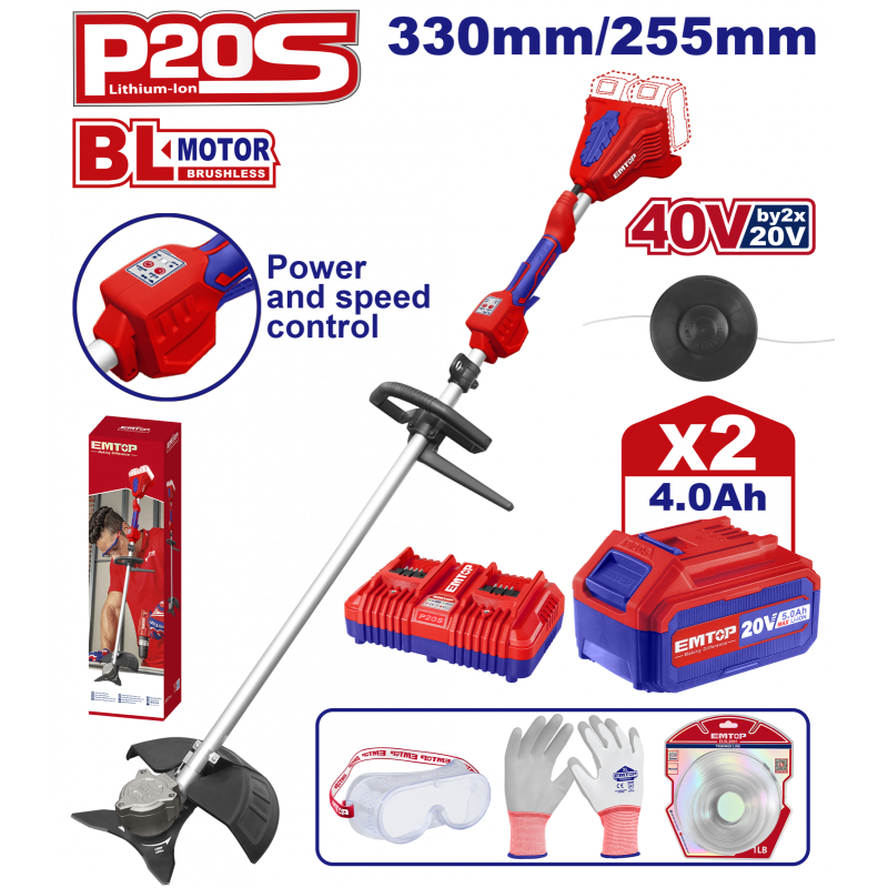 Motocoasa electrica Trimmer cu fir cu 2 acumulatori 4.0Ah, motor fara perii (brushless), 330mm 255mm, accesorii incluse - ELMR200285, EMTOP