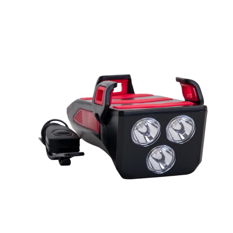 FAR LED PENTRU BICICLETA CU SUPORT PENTRU TELEFON SI CLAXON (REINCARCABIL USB)
