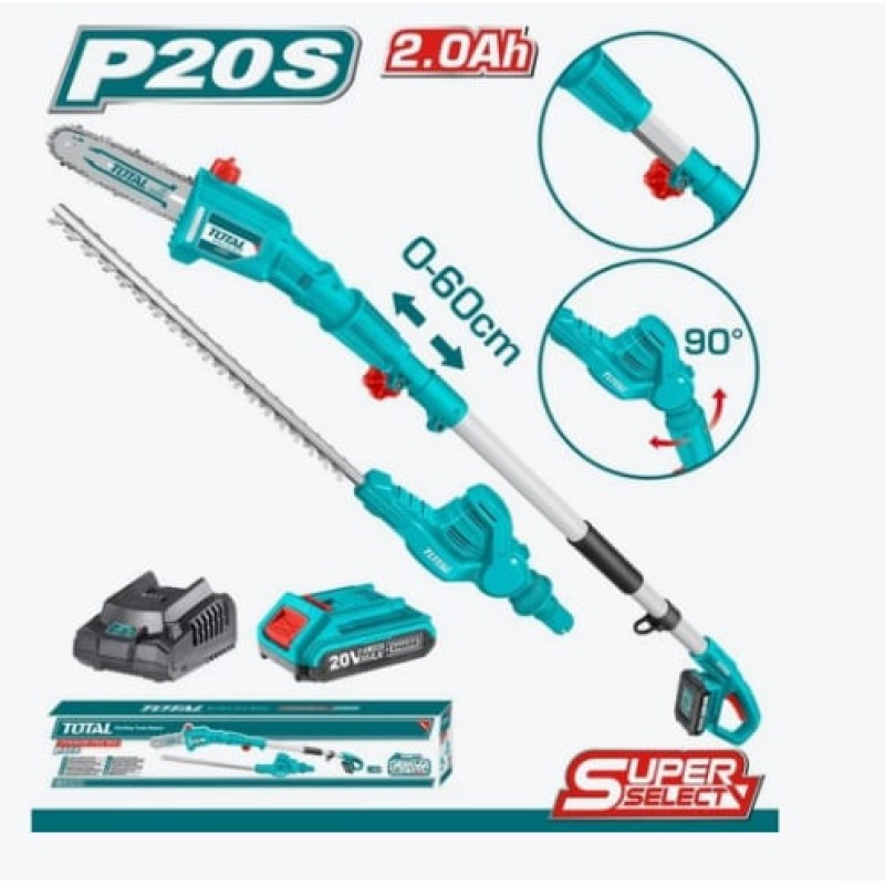 TOTAL - FIERASTRAU TELESCOPIC SI TRIMMER PENTRU GARD VIU CU ACUMULATOR 20V