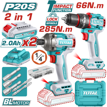 TOTAL - KIT COMBO 20V  2.0A.h- MASINA DE GAURIT CU IMPACT, MASINA DE INSURUBAT CU IMPACT (INCLUDE 2