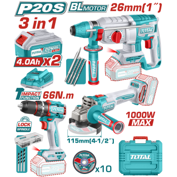 TOTAL - KIT COMBO 20V -4.0Ah - MASINA DE GAURIT CU IMPACT, POLIZOR UNGHIULAR , CIOCAN ROTOPERCUTOR (