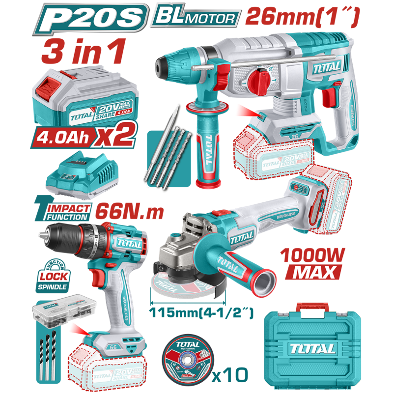 TOTAL - KIT COMBO 20V -4.0Ah - MASINA DE GAURIT CU IMPACT, POLIZOR UNGHIULAR , CIOCAN ROTOPERCUTOR (