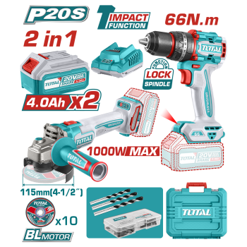 TOTAL - KIT COMBO 20V 4.0Ah- MASINA DE GAURIT CU IMPACT, POLIZOR UNGHIULAR (INCLUDE 2 ACUMULATORI, 1