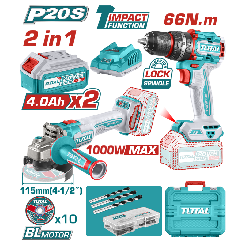 TOTAL - KIT COMBO 20V 4.0Ah- MASINA DE GAURIT CU IMPACT, POLIZOR UNGHIULAR (INCLUDE 2 ACUMULATORI, 1