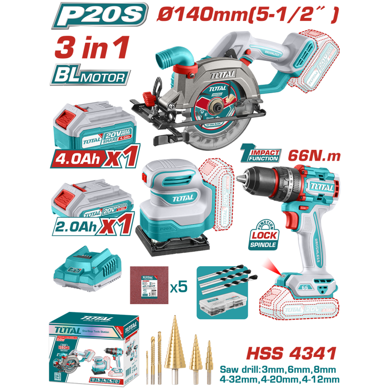 TOTAL - KIT COMBO 20V - FIERASTRAU CIRCULAR, MASINA DE GAURIT CU IMPACT, SLEFUITOR (INCLUDE 2 ACUMUL