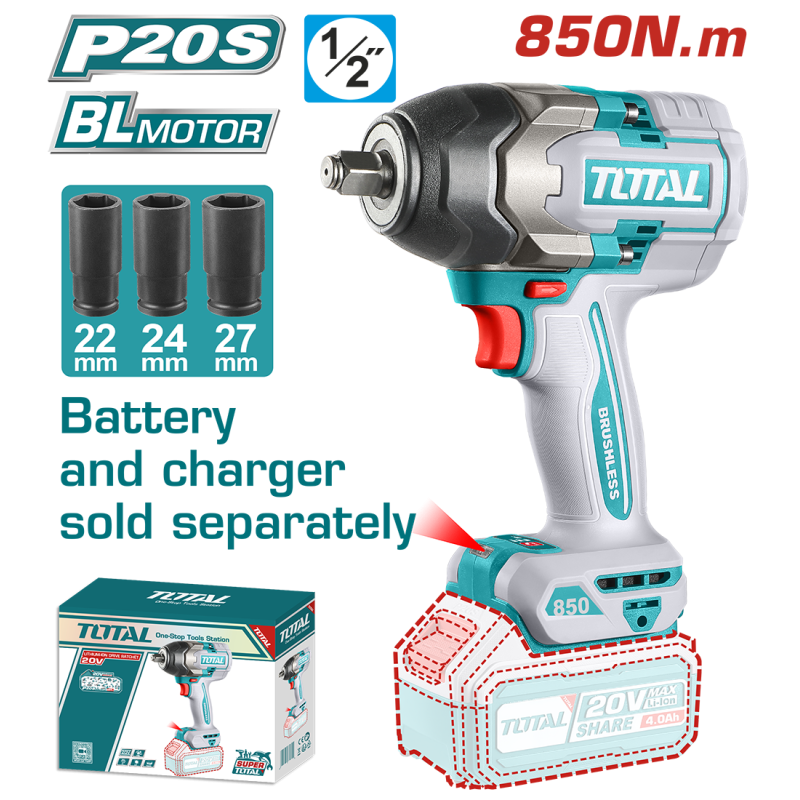 TOTAL - MASINA DE INSURUBAT CU IMPACT 20V - 850N.m MOTOR FARA PERII (NU INCLUDE ACUMULATOR) - 1/2"