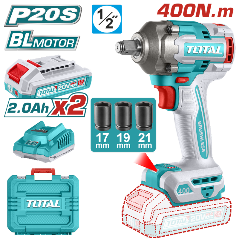 TOTAL - MASINA DE INSURUBAT CU IMPACT CU ACUMULATOR 20V-2.0AH LI-ION (INCLUDE 2 ACUMULATORI,1 INCARC