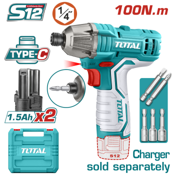 TOTAL - MASINA DE INSURUBAT CU IMPACT SI ACUMULATOR 12V-1.5AH LI-ION (2 ACUMULATORI) -  HEX 1/4
