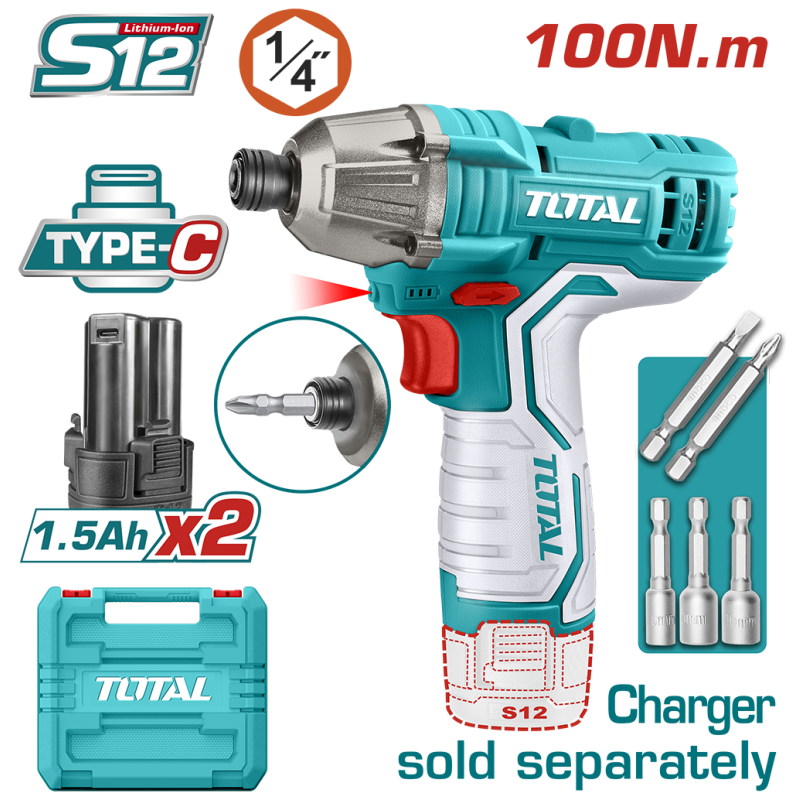 TOTAL - MASINA DE INSURUBAT CU IMPACT SI ACUMULATOR 12V-1.5AH LI-ION (2 ACUMULATORI) -  HEX 1/4