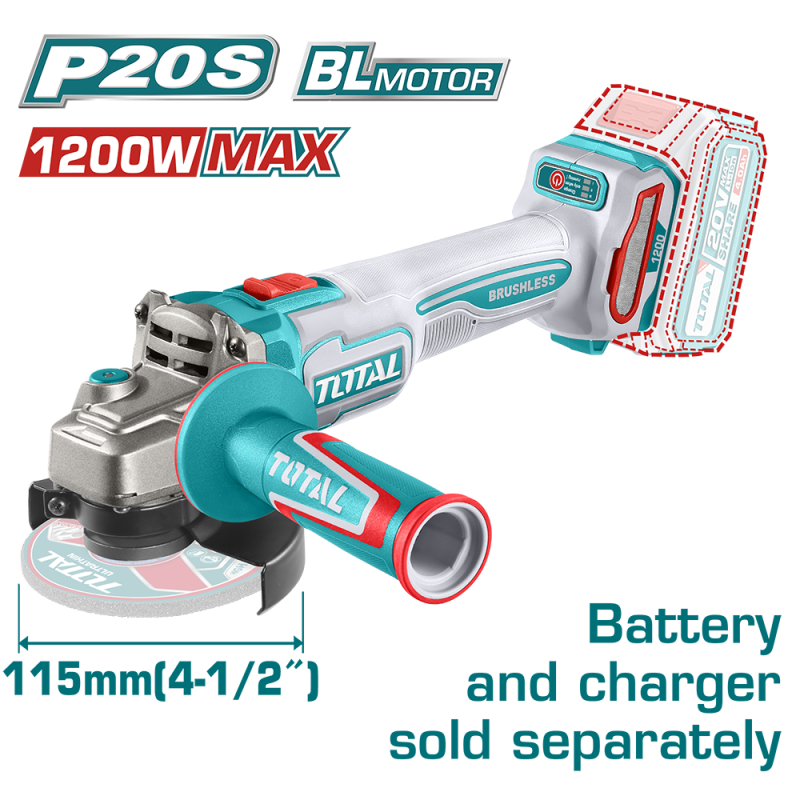 TOTAL - POLIZOR UNGHIULAR 20V - MOTOR FARA PERII (NU INCLUDE ACUMULATOR)