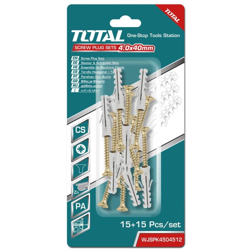 TOTAL - SET DIBLURI CU SURUBURI - ST4.0X40MM - DIBLU-6X30MM - 15 BUC