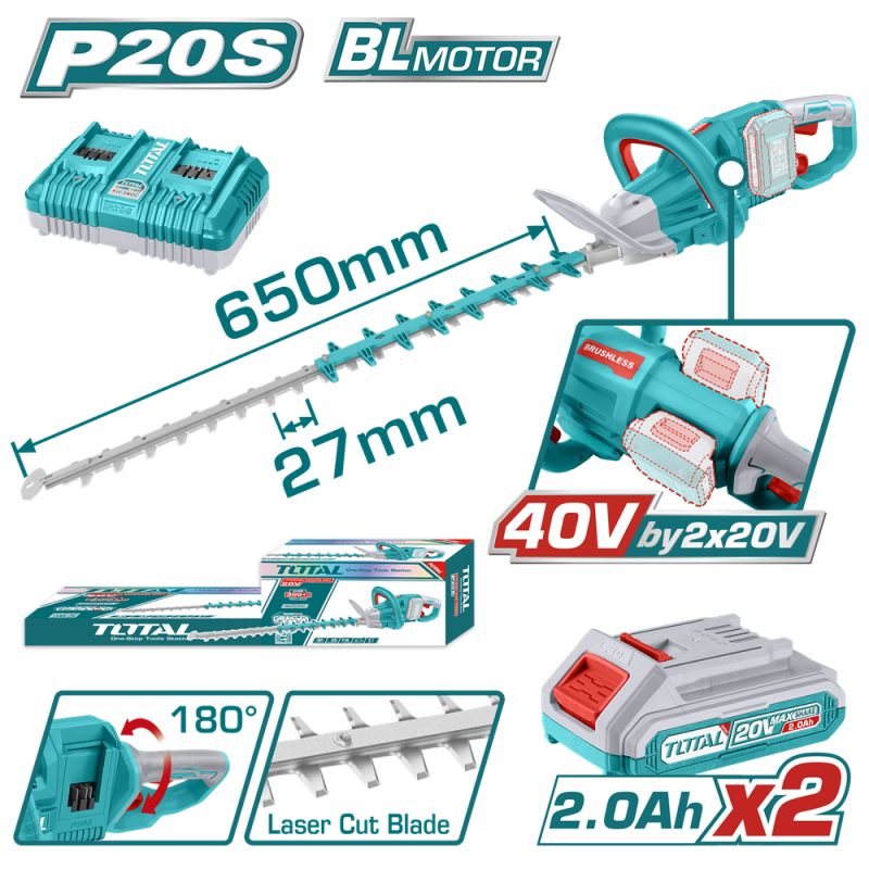 TOTAL - TOTAL - TRIMMER PENTRU TUNS GARD VIU - LI-ION - 40V (INCLUDE ACUMULATOR SI INCARCATOR)