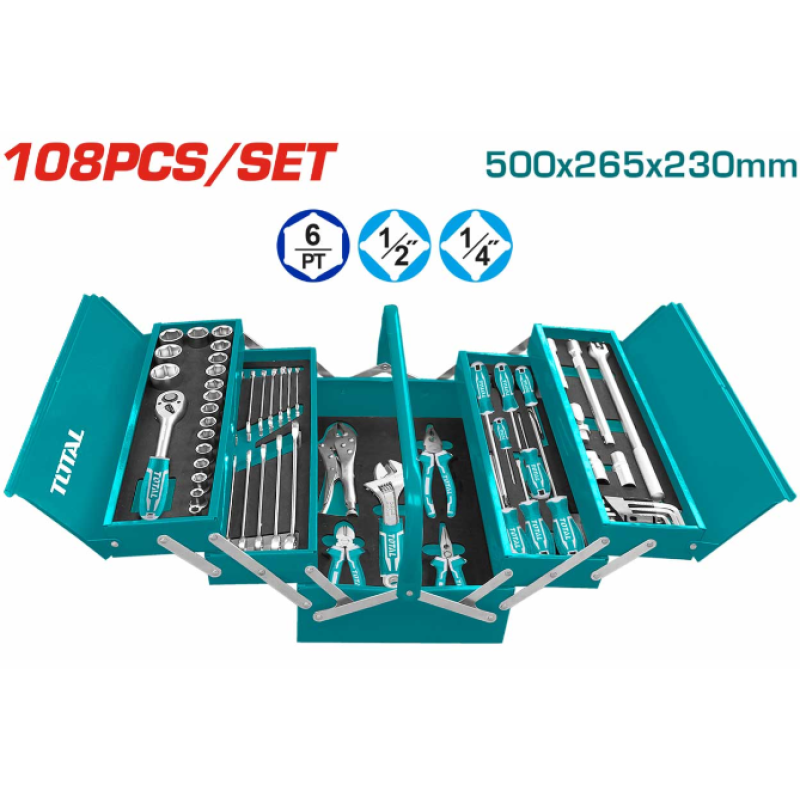 TOTAL - TRUSA DE SCULE IN CUTIE METALICA 100 PIESE (INDUSTRIAL)