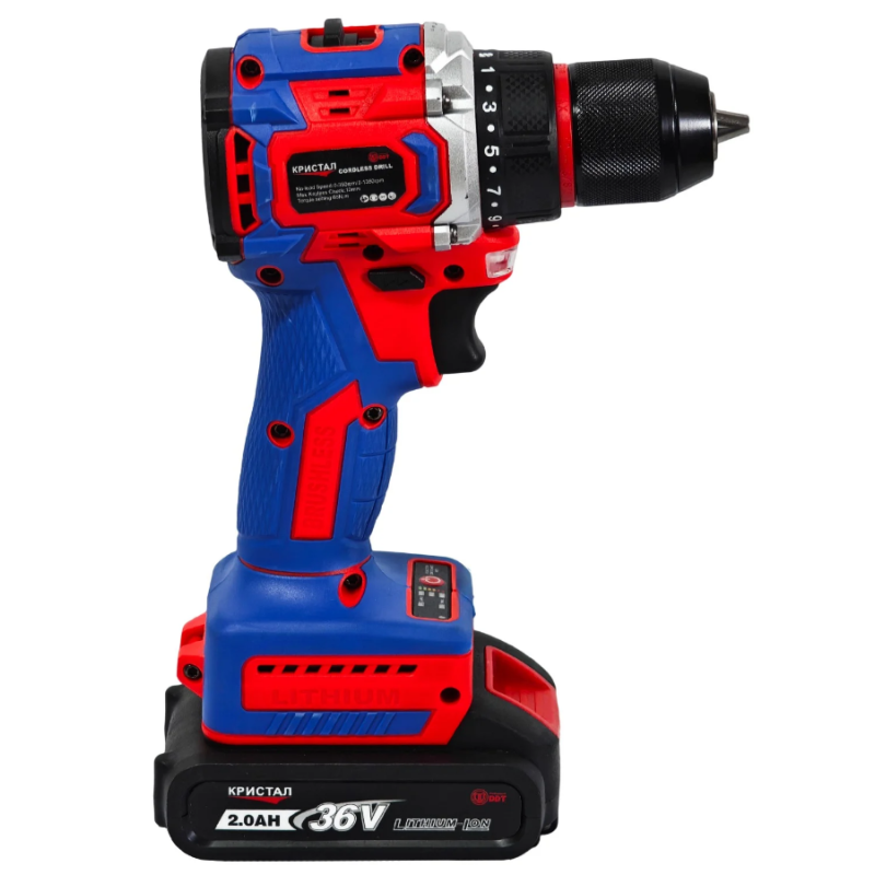 Bormașină cu acumulator DDT-KRISTAL 36V, 2 acumulatori Li-Ion 2.0Ah, motor fara perii (brushless), 2 viteze, cuplu reglabil, sistem autoblocaj, valiză de transport