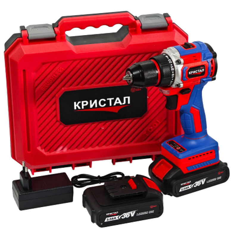 Bormașină cu acumulator DDT-KRISTAL 36V, 2 acumulatori Li-Ion 2.0Ah, motor fara perii (brushless), 2 viteze, cuplu reglabil, sistem autoblocaj, valiză de transport