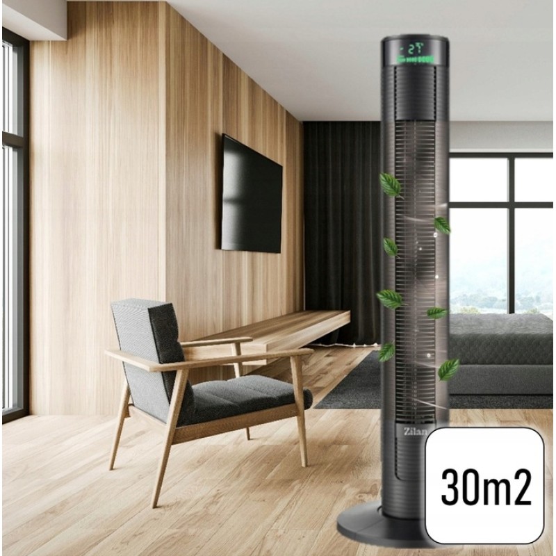 Ventilator turn Zilan ZLN-3901, Temporizator 12 ore, Termometru, Telecomanda, 3 viteze, 4 moduri de ventilatie, Putere 45W