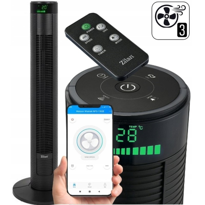 Ventilator turn Zilan ZLN-3901, Temporizator 12 ore, Termometru, Telecomanda, 3 viteze, 4 moduri de ventilatie, Putere 45W