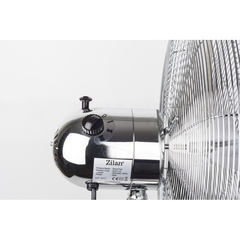 Ventilator inox cu picior ZİLAN ZLN-1112 , Putere 50 W, cu 3 trepte de viteza, oscilatie automata, debit 6000mc/h, maner pentru transport facil, 4 pozitii de ajustare pe verticala, Inaltime reglabila 88-120 cm