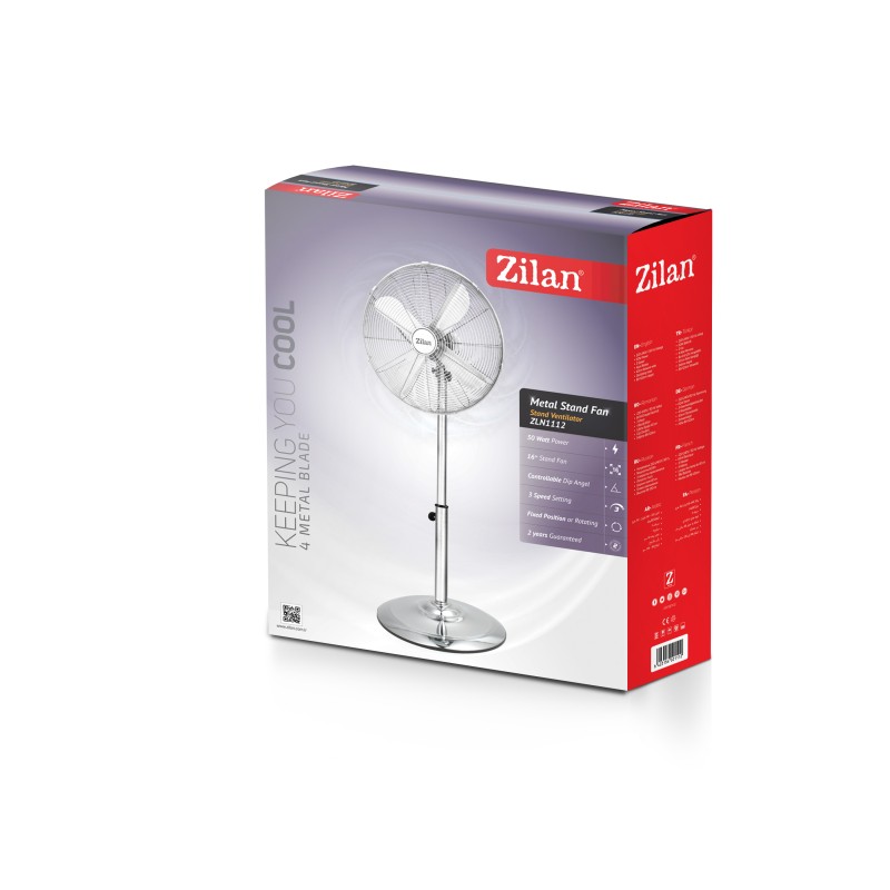 Ventilator inox cu picior ZİLAN ZLN-1112 , Putere 50 W, cu 3 trepte de viteza, oscilatie automata, debit 6000mc/h, maner pentru transport facil, 4 pozitii de ajustare pe verticala, Inaltime reglabila 88-120 cm