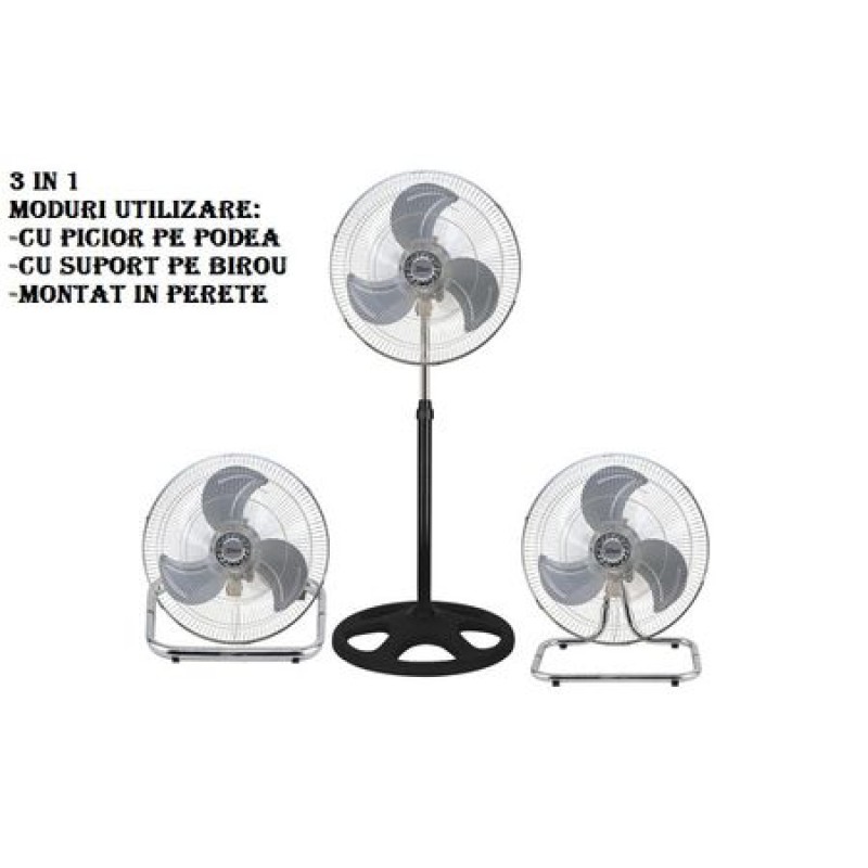 Ventilator cu picior FLORIA 3840,negru cu gri 3 in 1, Putere 55 W, 3 viteze, diametru 45 cm,