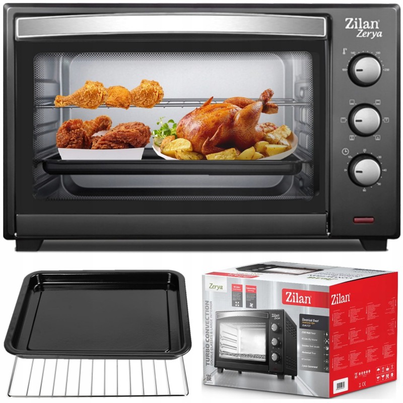 Cuptor electric cu ventilator ZILAN ZLN-3727 Negru, Capacitate 45L, Putere 2000W, Geam dublu, Temporizator 60 min, Temperatura maxima 230 grade celsius