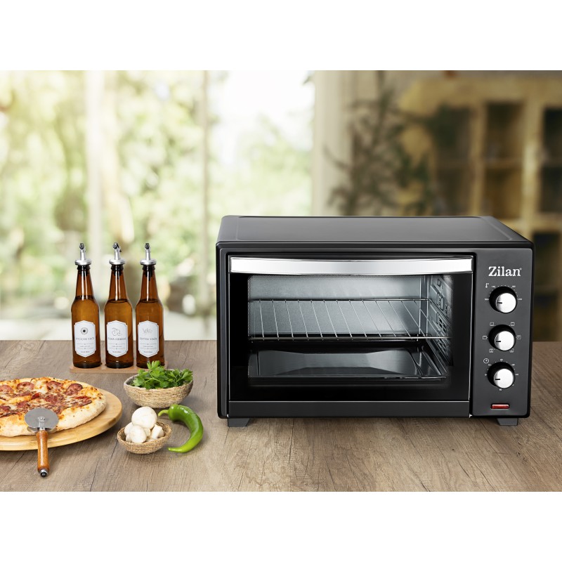 Cuptor electric cu ventilator ZILAN ZLN-3727 Negru, Capacitate 45L, Putere 2000W, Geam dublu, Temporizator 60 min, Temperatura maxima 230 grade celsius