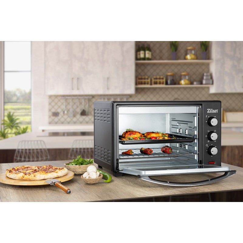 Cuptor electric cu ventilator ZILAN ZLN-3727 Negru, Capacitate 45L, Putere 2000W, Geam dublu, Temporizator 60 min, Temperatura maxima 230 grade celsius